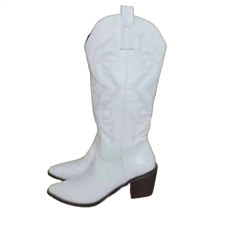 Heel Embroidered Zipper Cowgirl Western Boots - White / 36