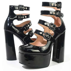 Heeled Shoes With Platform Buckles and Straps - Black / 5