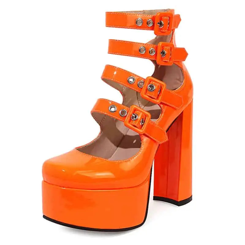 Heeled Shoes With Platform Buckles and Straps - Orange / 5