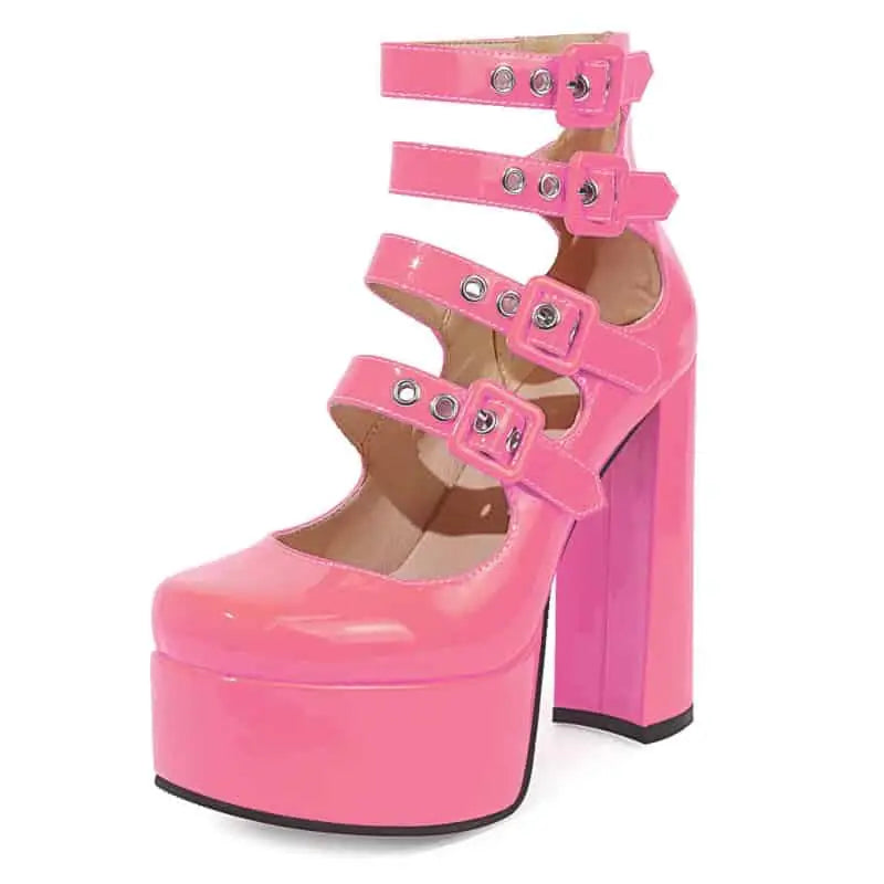 Heeled Shoes With Platform Buckles and Straps - Pink / 5
