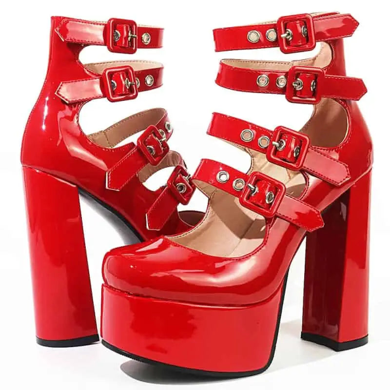 Heeled Shoes With Platform Buckles and Straps - Red / 5
