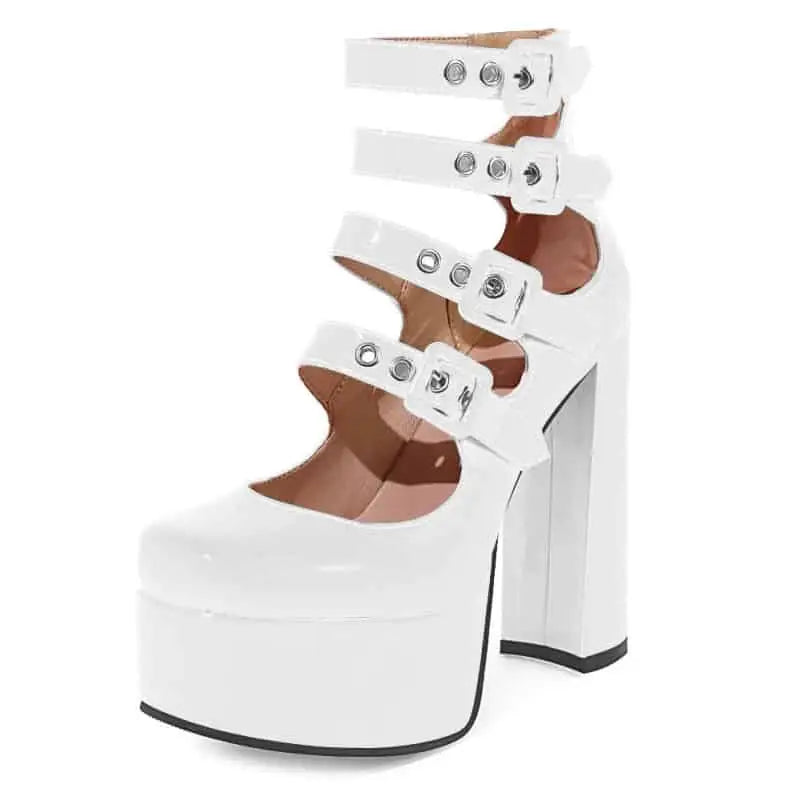 Heeled Shoes With Platform Buckles and Straps - White / 5