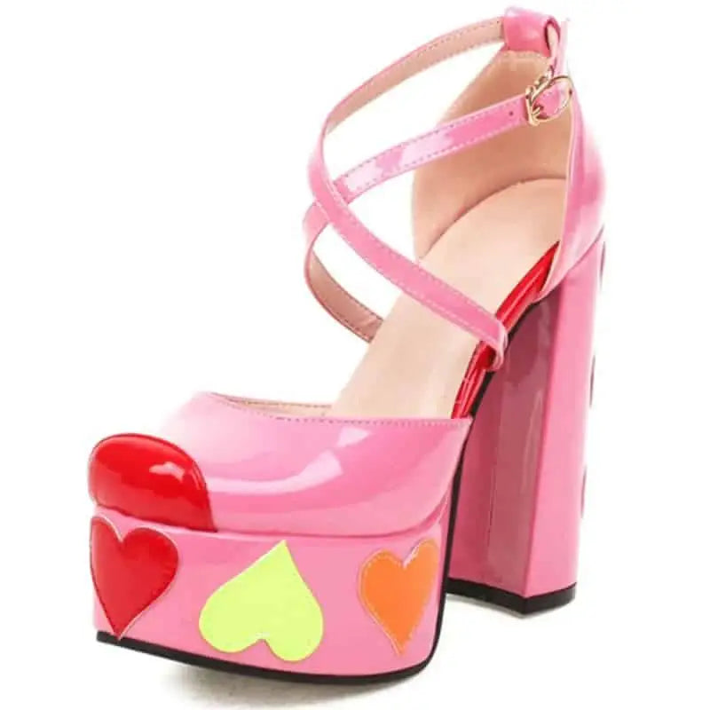 Heeled Shoes With Platform Heart Decoration And Cross