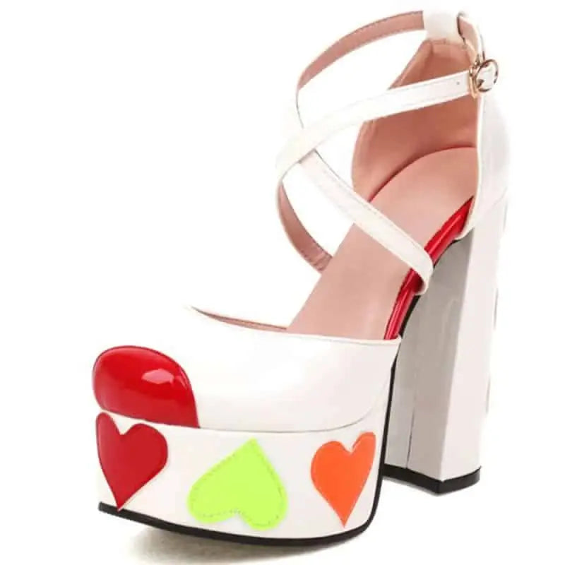 Heeled Shoes With Platform Heart Decoration And Cross Buckle