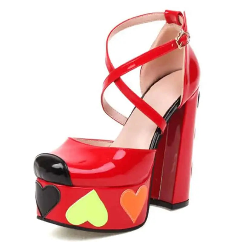 Heeled Shoes With Platform Heart Decoration And Cross Buckle