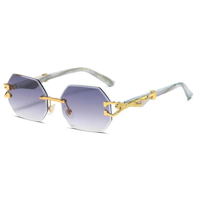 Hexagon rimless sunglasses with gold metal frame and blue gradient lenses offering UV protection