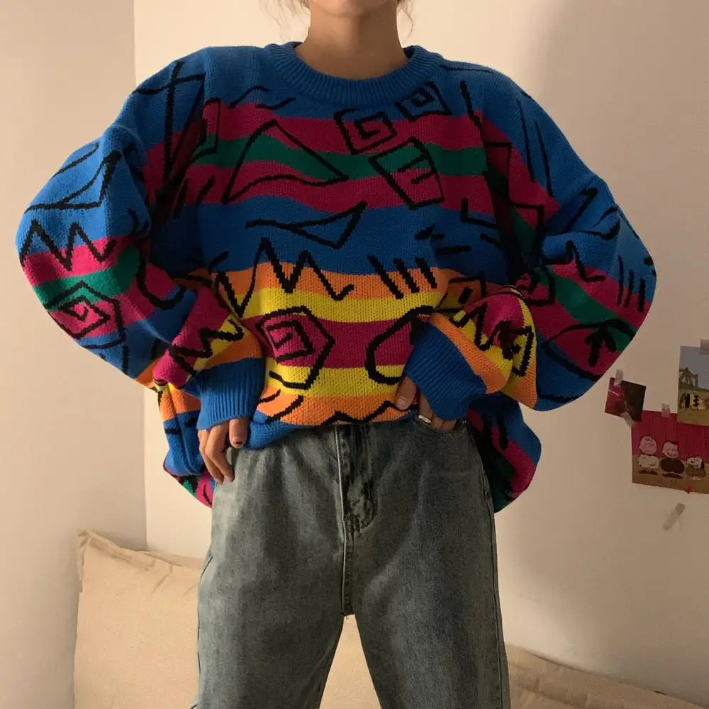 Hieroglyphs Rainbow Striped Knitted Sweater / One Size