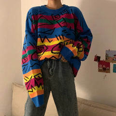 Hieroglyphs Rainbow Striped Knitted Sweater / One Size