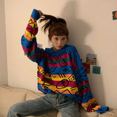 Hieroglyphs Rainbow Striped Knitted Sweater / One Size