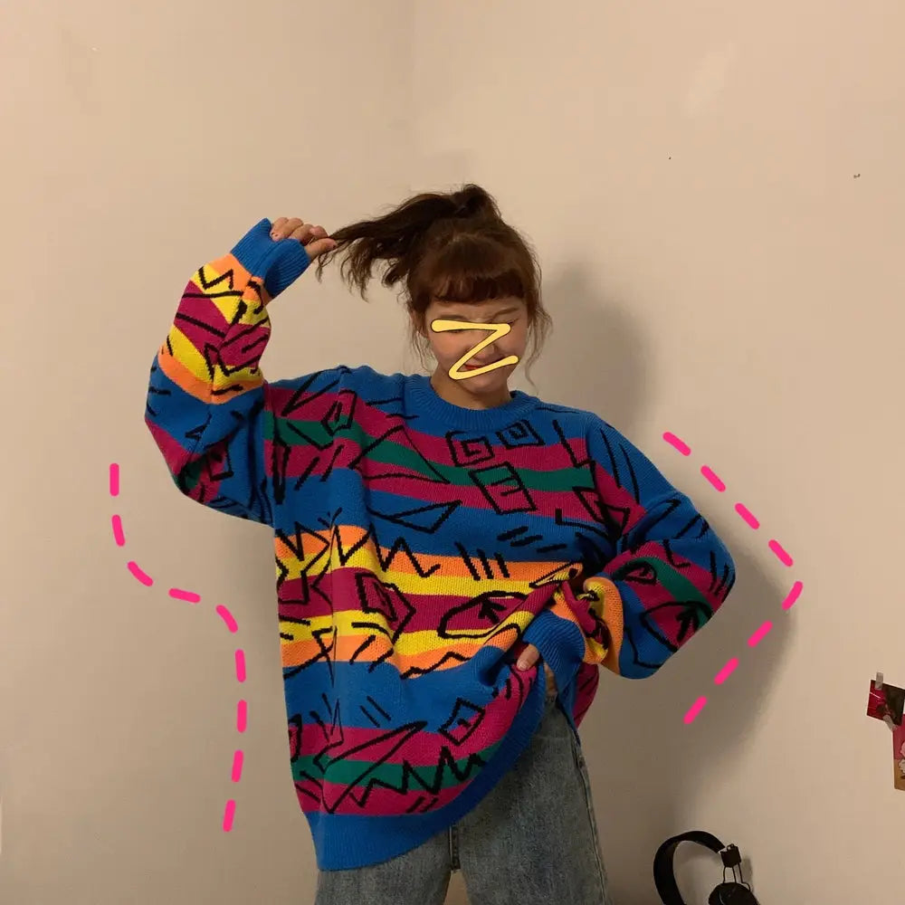 Hieroglyphs Rainbow Striped Knitted Sweater / One Size