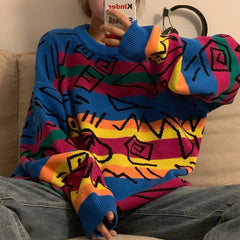 Hieroglyphs Rainbow Striped Knitted Sweater / One Size