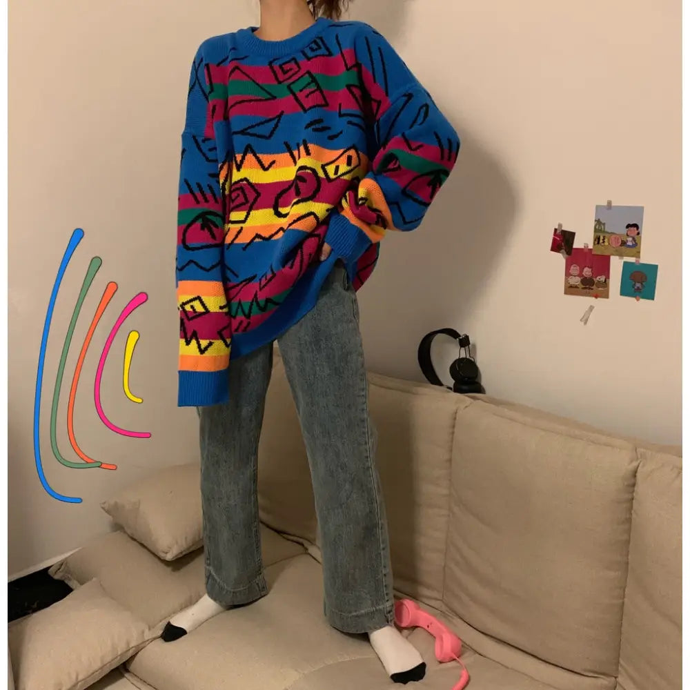 Hieroglyphs Rainbow Striped Knitted Sweater / One Size