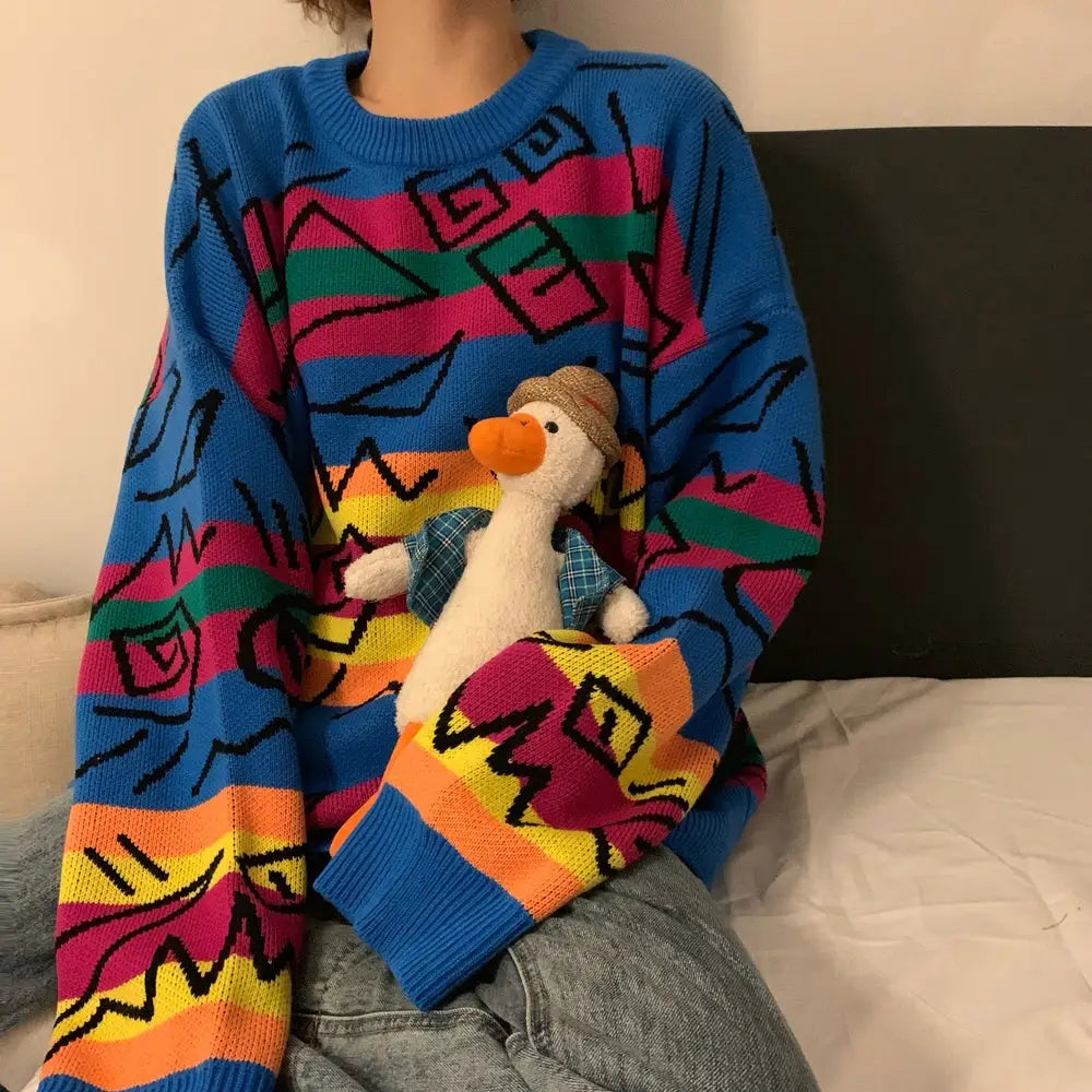 Hieroglyphs Rainbow Striped Knitted Sweater / One Size