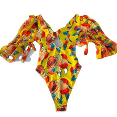 High Cut Ruffled-Sleeve Fruit Monokini