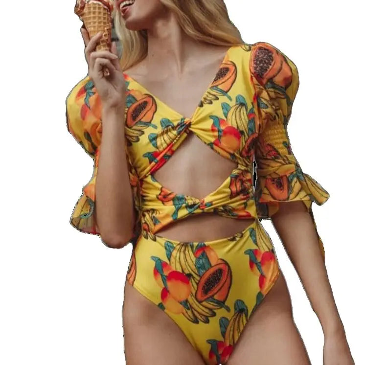 High Cut Ruffled-Sleeve Fruit Monokini