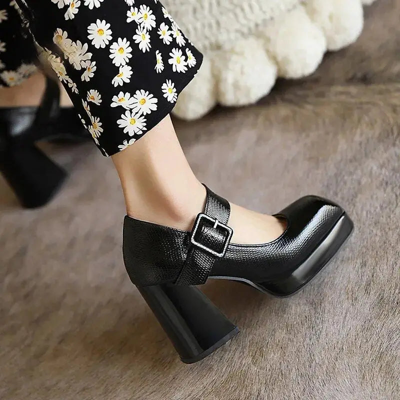 High Heel Square Platform Buckle Strap Pumps