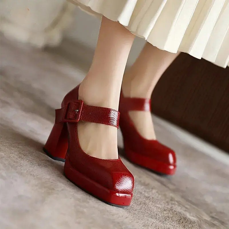 High Heel Square Platform Buckle Strap Pumps