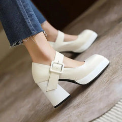 High Heel Square Platform Buckle Strap Pumps