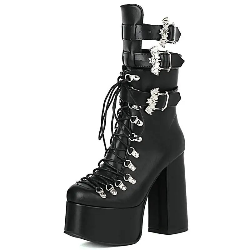 High-Heeled Ankle Boots with Bat Buckle Euro Size Options