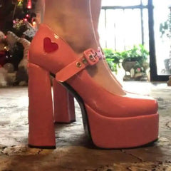High-Heeled Shoes with Platform and Heart Decoration Buckle