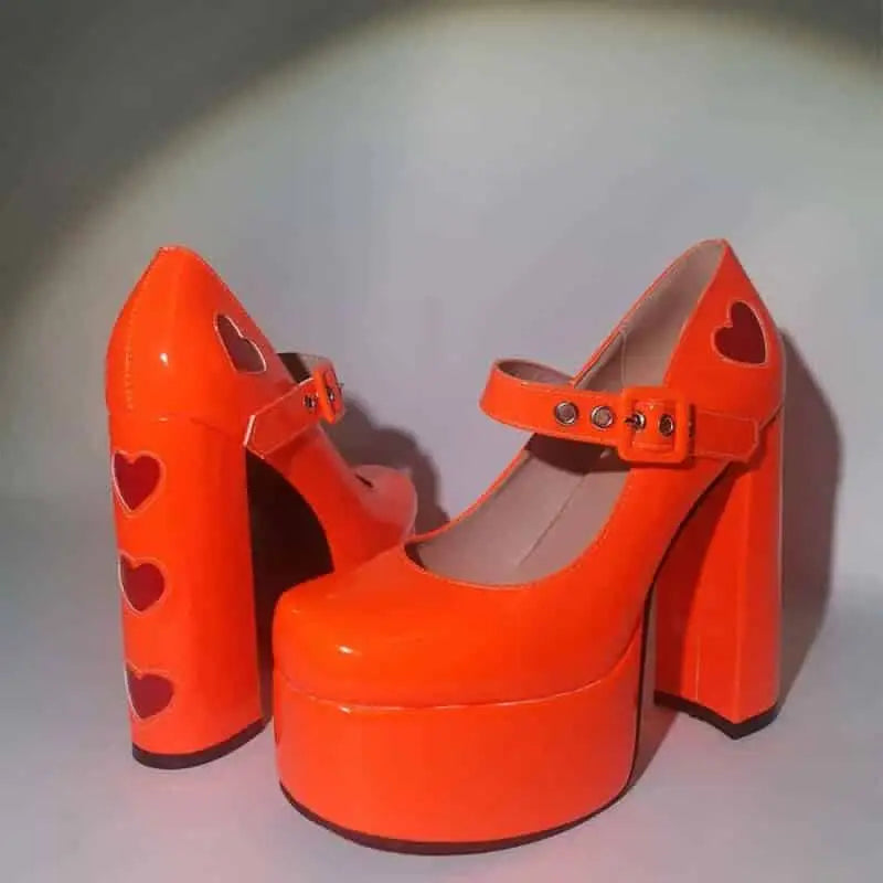 High-Heeled Shoes with Platform and Heart Decoration Buckle