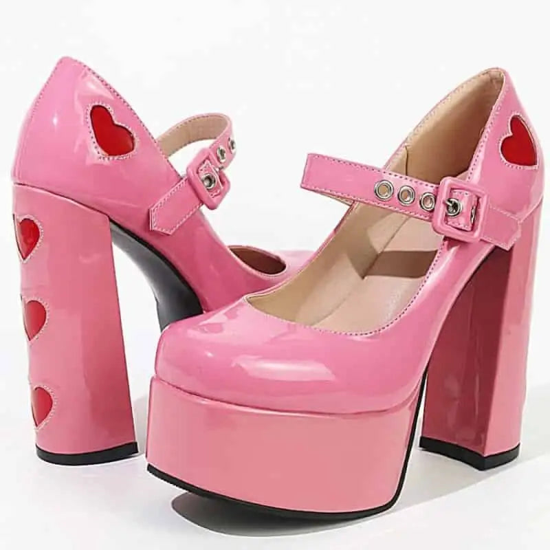 High-Heeled Shoes with Platform and Heart Decoration Buckle
