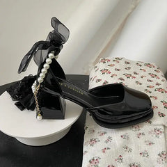 High Heels Mary Jane Pearl Buckle Strap Pumps - Black Bow