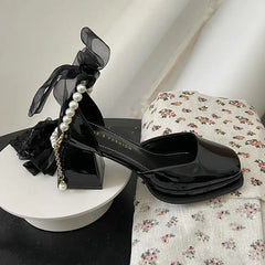 High Heels Mary Jane Pearl Buckle Strap Pumps