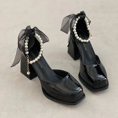 High Heels Mary Jane Pearl Buckle Strap Pumps