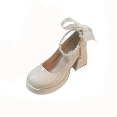 High Heels Mary Jane Pearl Buckle Strap Pumps - White Bow