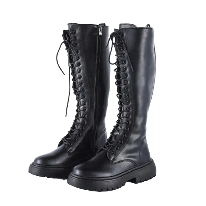High Knee PU Leather Boots with Zipper Euro Size