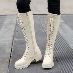 High Knee PU Leather Boots with Zipper Euro Size Beige / 35