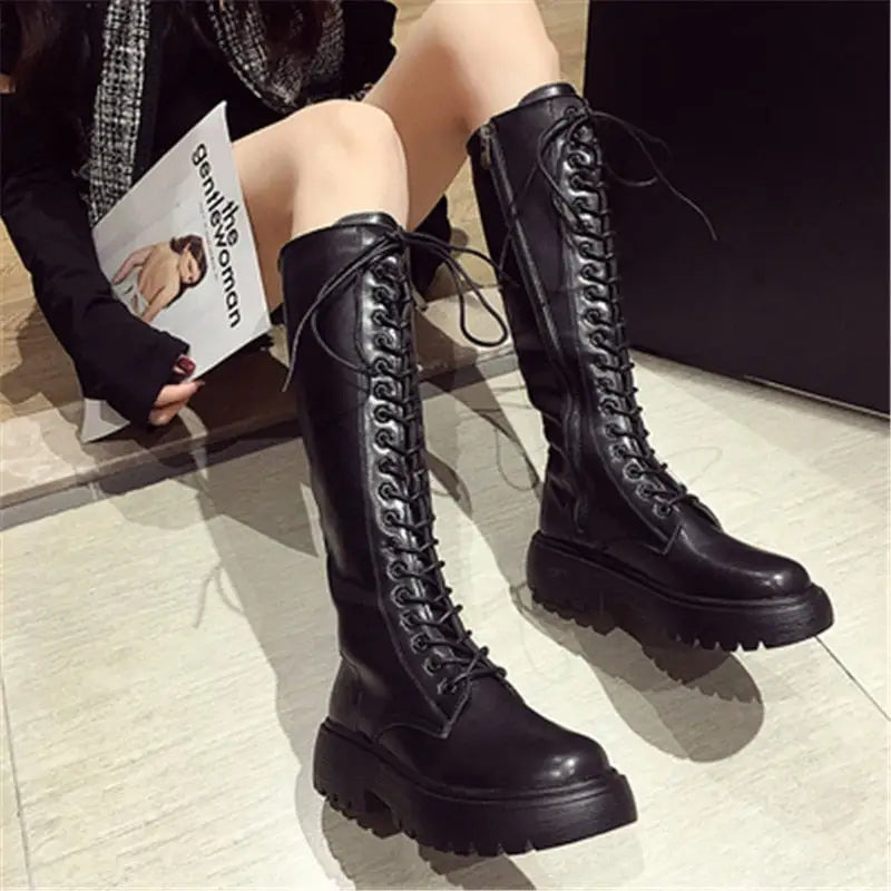 High Knee PU Leather Boots with Zipper Euro Size Black / 35