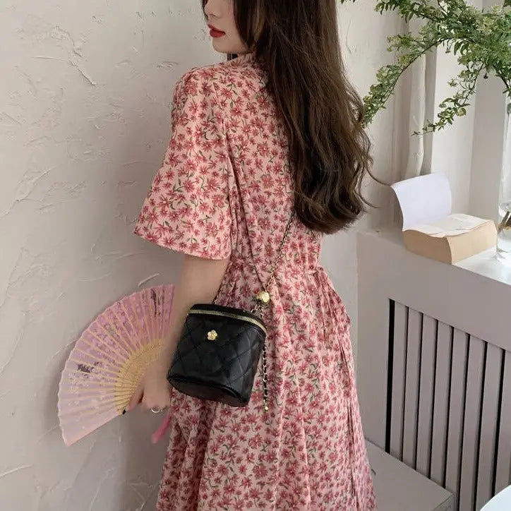 High Long Flare Sleeve Ankle Length Pink Print Dress