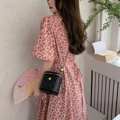 High Long Flare Sleeve Ankle Length Pink Print Dress