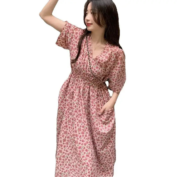 High Long Flare Sleeve Ankle Length Pink Print Dress