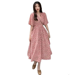 High Long Flare Sleeve Ankle Length Pink Print Dress - S