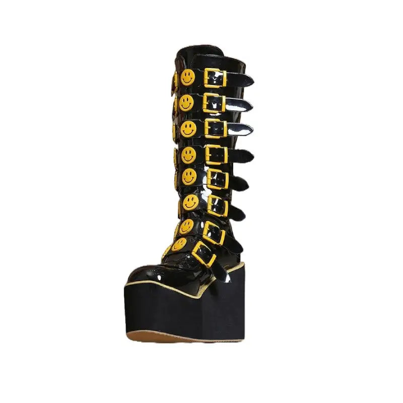 High Long Tube PU Leather Boots with Happy Faces Design