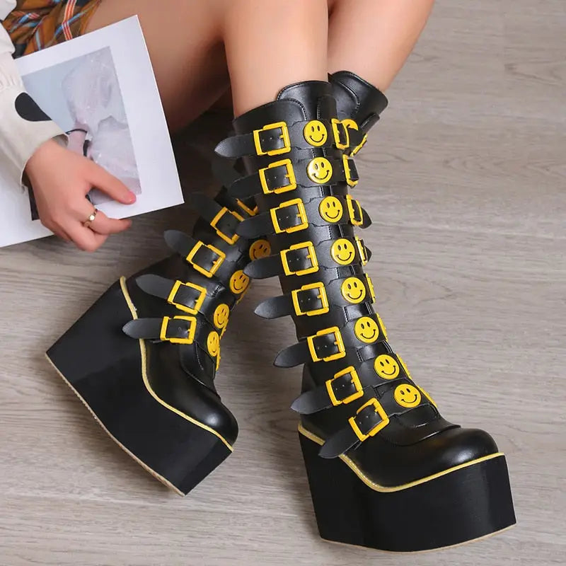 High Long Tube PU Leather Boots with Happy Faces Design