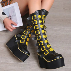 High Long Tube PU Leather Boots with Happy Faces Design