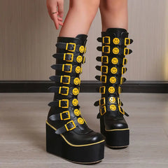 High Long Tube PU Leather Boots with Happy Faces Design