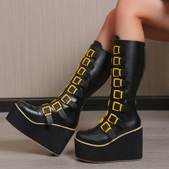 High Long Tube PU Leather Boots with Happy Faces Design