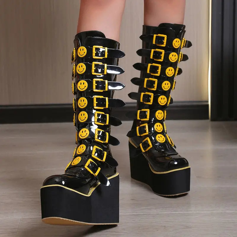 High Long Tube PU Leather Boots with Happy Faces Design