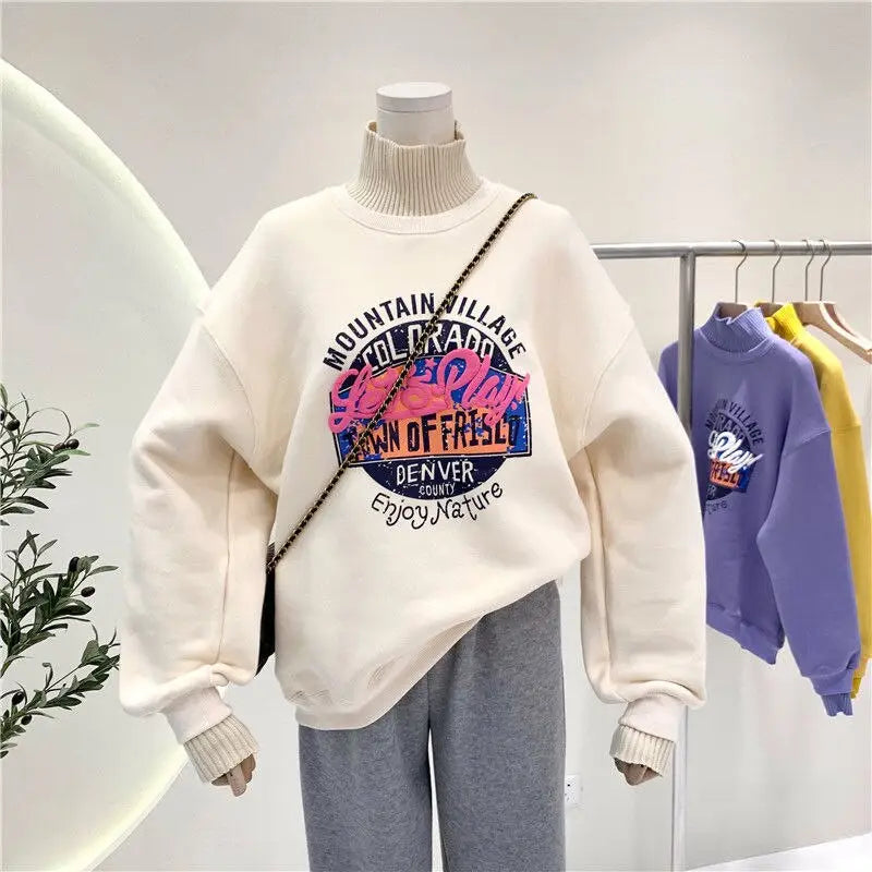 High Neck Letter Print Thick Warm Sweatshirt