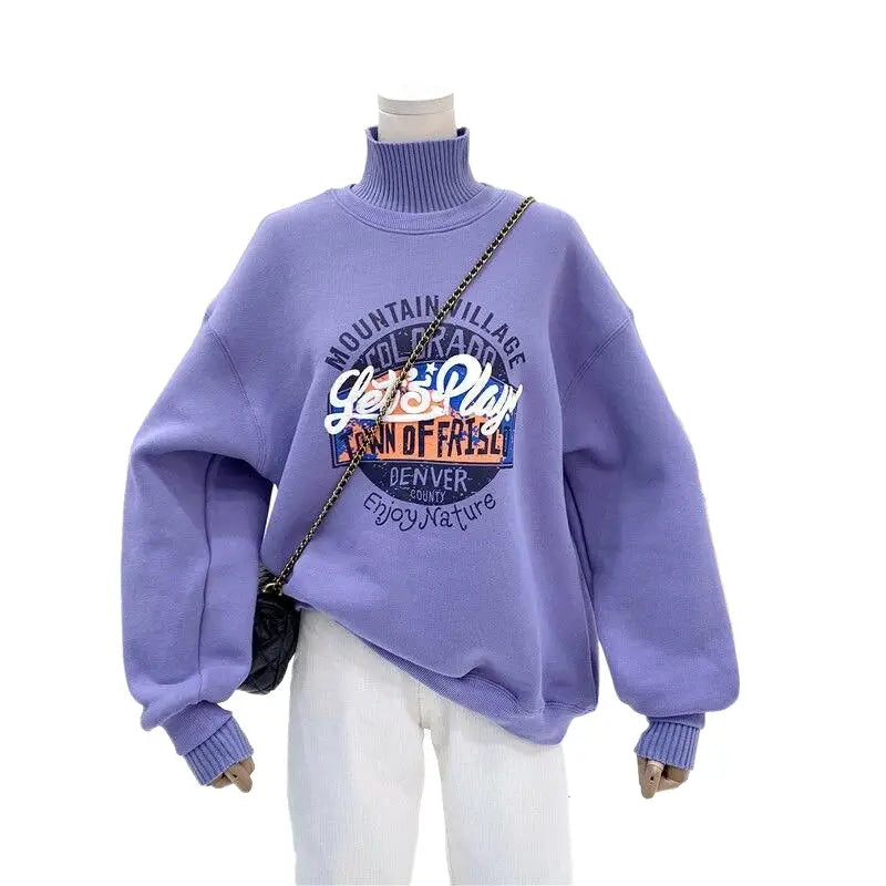 High Neck Letter Print Thick Warm Sweatshirt - Purple / S