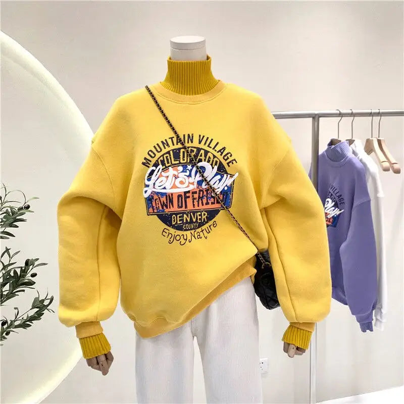 High Neck Letter Print Thick Warm Sweatshirt - Yellow / S