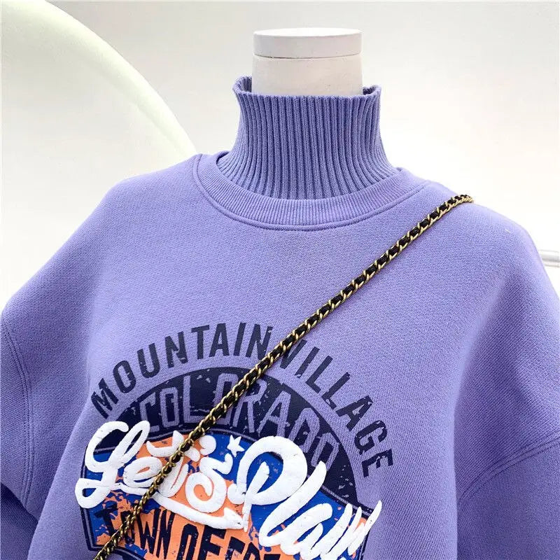 High Neck Letter Print Warm Polyester Sweatshirt