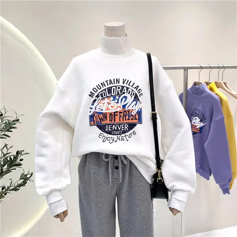 High Neck Letter Print Warm Polyester Sweatshirt White / S