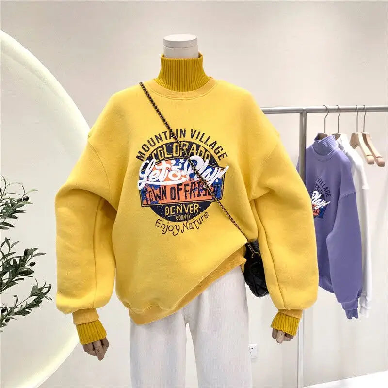 High Neck Letter Print Warm Polyester Sweatshirt Yellow / S