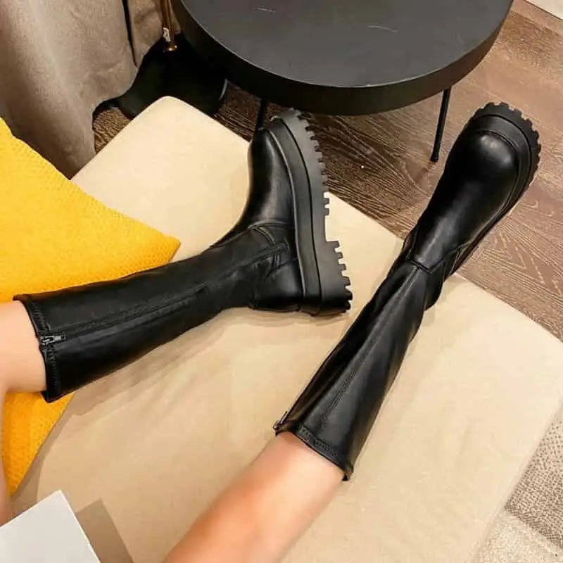 High Platform Design Mid-Calf Boots - Black Long / 5 - Shoes